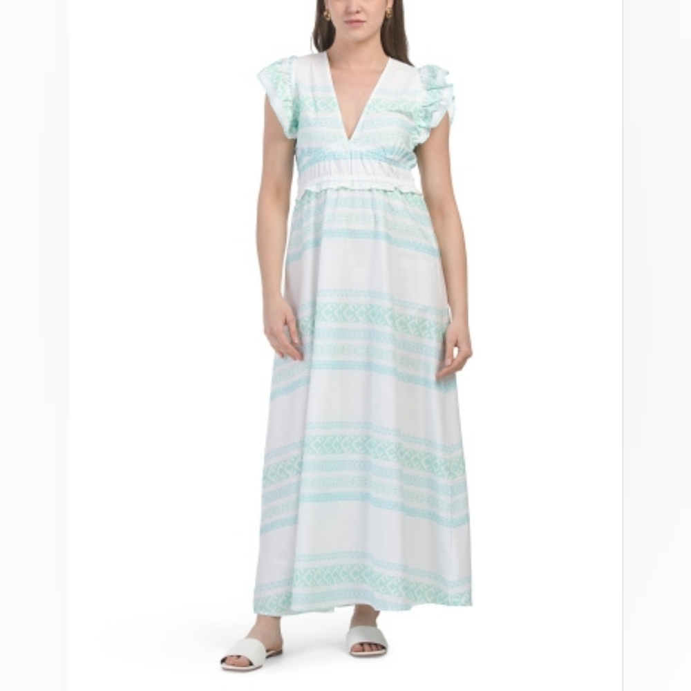 NWT - Sail to Sable Cotton Blue V Neck  Flutter Sleeve Maxi Dress - Size L